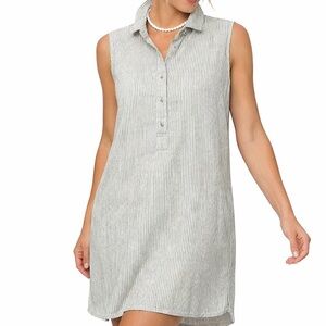 Tahari 100% Linen Dress Henley Shirt w Collar Coastal Cottage Beige Black-pin 1X